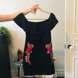 Off the Shoulder Rose Embroidery Mini Dress